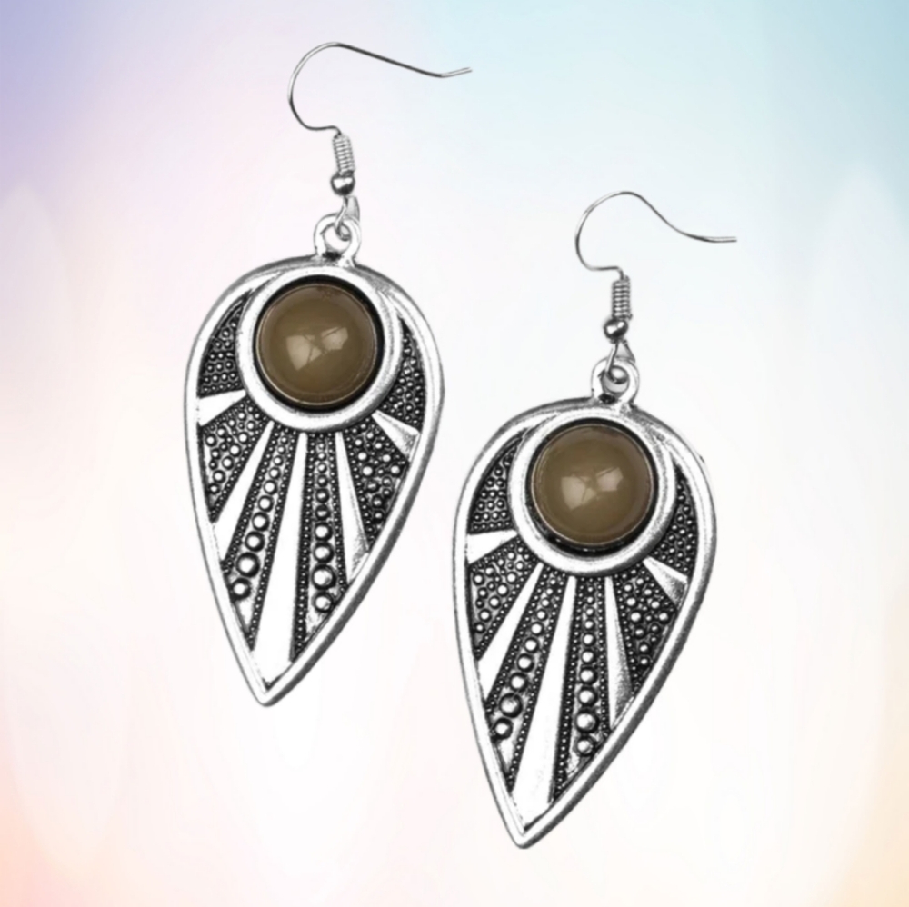 NEW Take A WALKABOUT - Green Bead Silver Tribal Teardrop Earrings